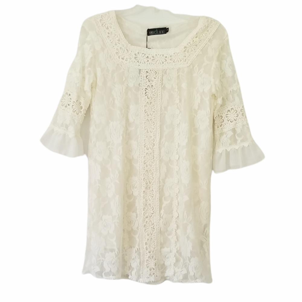Fancy Qube Ivory Lace Embroidered Shift Dress